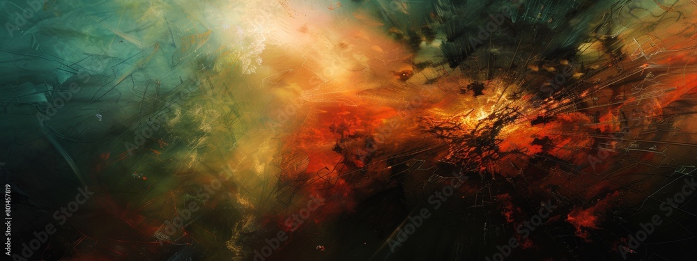 Poster an abstract digital painting exploring the interplay of light and shadow.