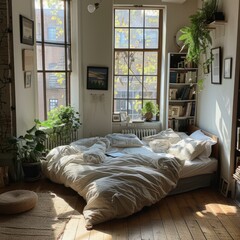 bedroom interior design with large windows