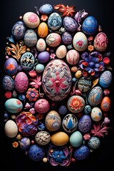 A beautiful arrangement of Easter eggs decorated with intricate designs and surrounded by colorful flowers.