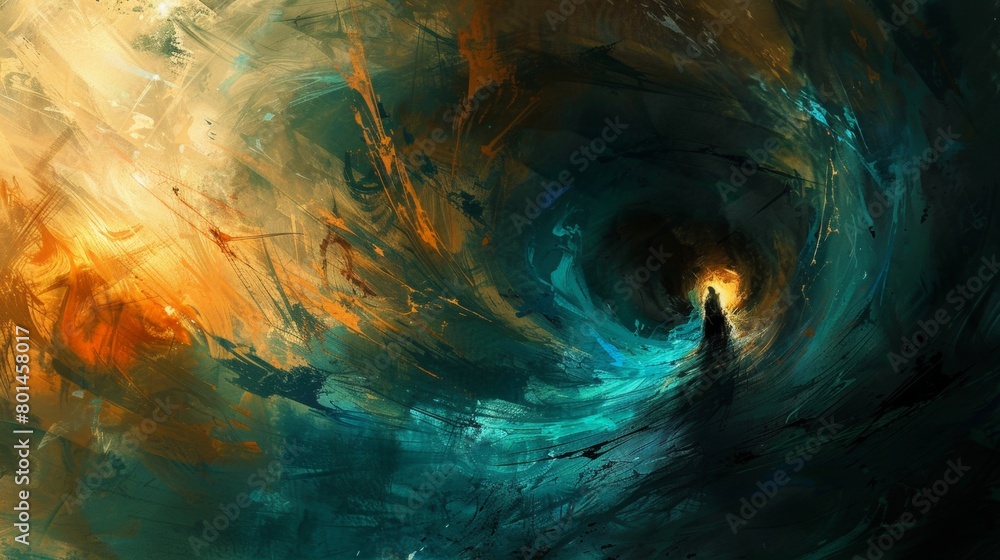 Poster an abstract digital painting exploring the interplay of light and shadow.