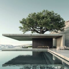 Modern architecture house with infinity pool and big tree
