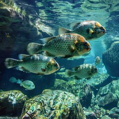 Fototapeta premium A group of fish swim in a large tank