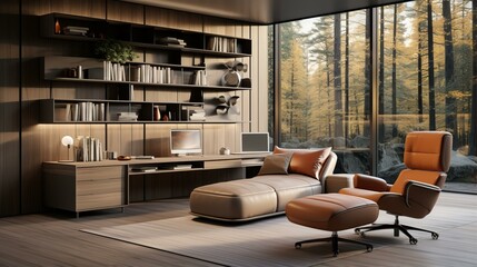 Modern home office with large windows and a view of the forest