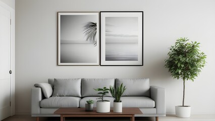 Mock up frames with gray long sofa 