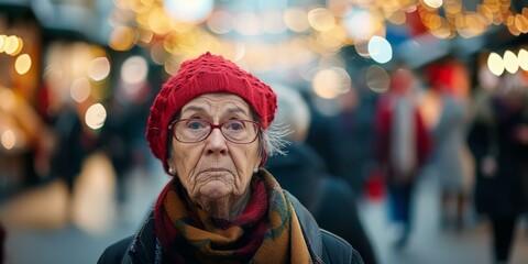 Fototapeta premium Portrait of an elderly woman wearing a red hat and glasses