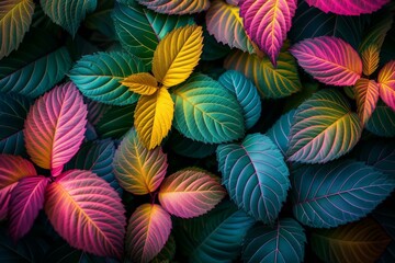 Colorful leaves of different plants with dark background