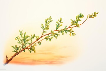 A digital painting of a branch with green leaves against a gradient background of light orange and yellow