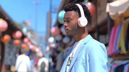 Young Black Man Merging Grandpa Style with Modern Beats in Vibrant Street Market