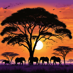 trees and elephants at sunset