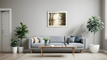Mock up frame hang on wall in guest room with sofa
