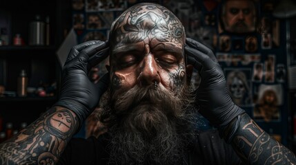 Bearded tattoo artist creating unique designs in his studio and tattooing clients
