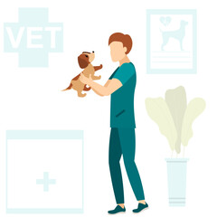 Veterinary. The veterinarian holds a small puppy in his hands. Medical checkup for domestic animal. Diagnostic for pets. Veterinary clinic illustration.
