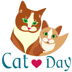 Cat day. Two cats and a heart on a white background. International Cat Day poster or banner design template.