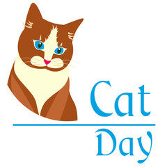 Cat day. Cat with blue eyes on a white background. International Cat Day poster or banner design template.