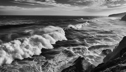 capture of a detailed monochromatic artwork depicting the intricacies of ocean waves in black and white