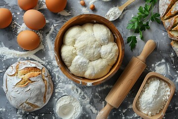 Fototapeta premium Dough in wooden bowl on grey concrete background with rolling pin and wheat ear, top view. delicious fresh bread or pizza baking concept.