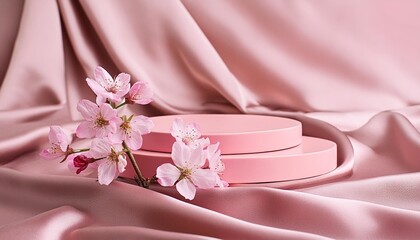 3d background pink podium display sakura pink flower on pastel silk cloth cosmetic or beauty product promotion step floral pedestal abstract minimal advertise 3d render copy space spring mockup