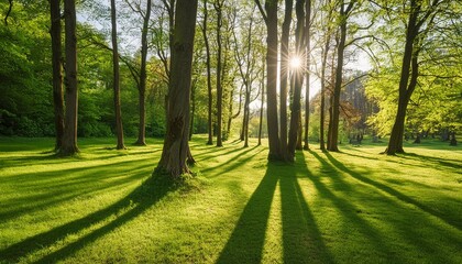 the sun shines through the trees in a forest filled with lush green grass and trees with long...