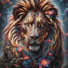 a lion with a flower on its head stands in a dark alley.