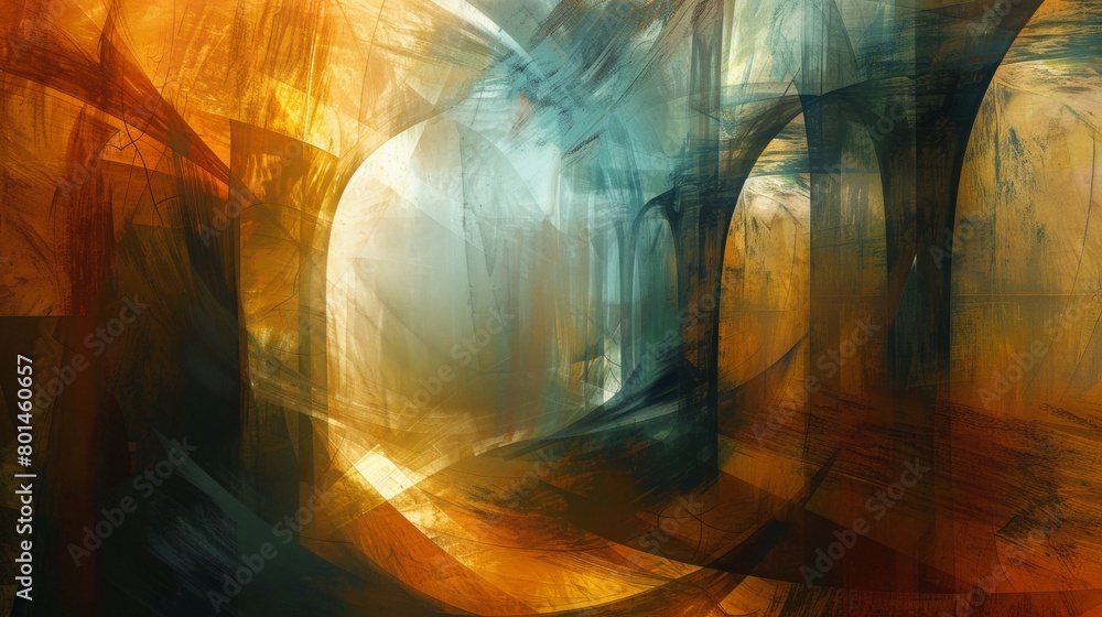 Poster an abstract digital painting exploring the interplay of light and shadow.
