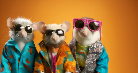 Creative animal concept. Group of mouse mice in funky Wacky wild mismatch colourful outfits isolated on bright background advertisement, copy space. birthday party invite invitation banner	
