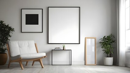 Modern interior of Mock up frames hang on wall with armchair 