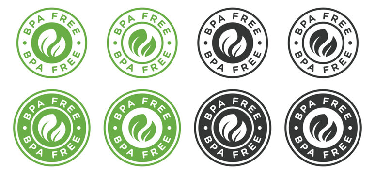 Set of BPA free icon circle emblem logo vector design concept. Bisphenol A label icons template design in green and black colors