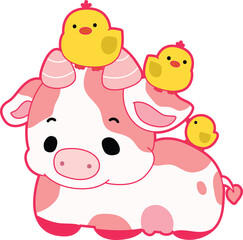 Pink Cow Strawberry Milk Vector Icon. Pink cute dairy calf cow farm animal. Cute funny cow pink character design.