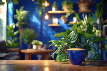 Eco-Friendly Café Corner with Lush Indoor Plants and Coffee—Modern Plant Styling