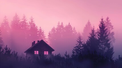 Tranquil Escape Dreamy Lavender Sunset Silhouetting a Cozy Cabin in the Woods