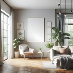 Empty Mock up frames on wall with plants in pot living room design