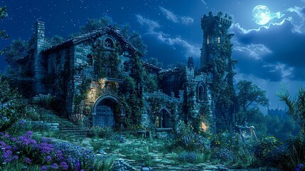 Fototapeta premium Dilapidated old house in the woods under the moonlight