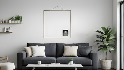 Mock up frame on wall with Black sofa 