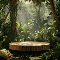 Immerse your brand in the serenity of the rainforest with a wooden podium surrounded by lush greenery, perfect for product displays. AI generative