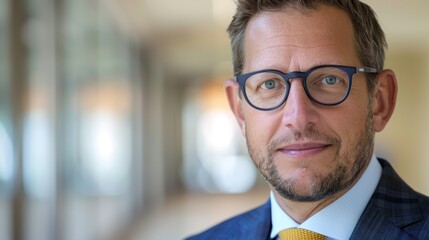 Fototapeta premium A close-up of a man in a suit and tie, donning glasses and a yellow tie