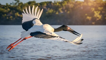 jabiru stork or tuiuiu fly over water