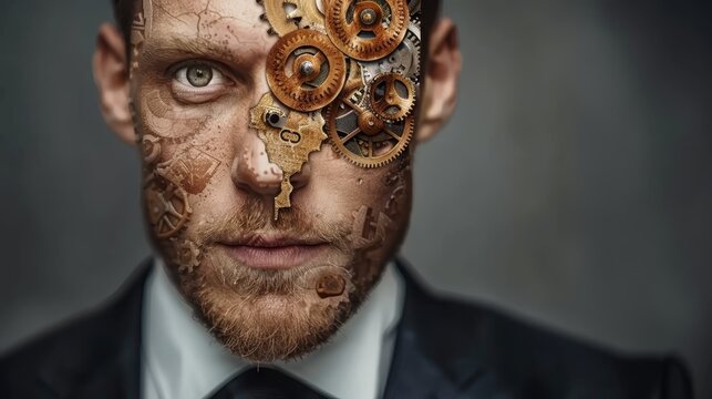   A man in a suit and tie bears a drawled gear-adorned visage in his facial midst