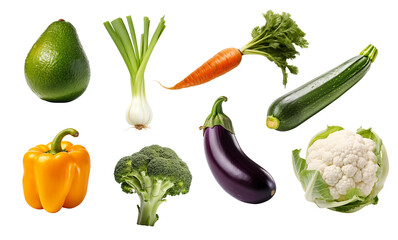 Carrot, broccoli, avocado,  zucchini, cauliflower, bell pepper, eggplant, leek, avocado. Keto diet PNG transparent background