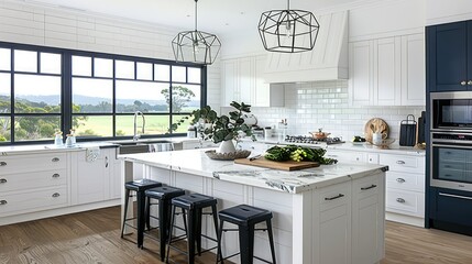 a modern farmhouse kitchen boasting an island, marble benchtops, and sleek black barstools, paired with pristine white cabinets and expansive windows offering panoramic views of the countryside.