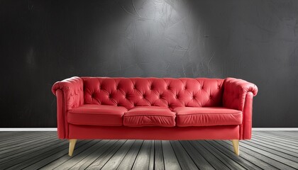 red sofa seat in front of black wall with spotight 3d render