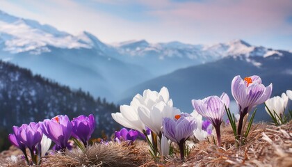 flowering spring flowers fantastic macro photo of crocus safran and snowdrop flowers in mountains exclusive this image is sold only on adobe stock