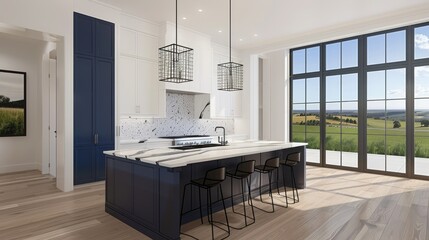 a modern farmhouse kitchen boasting an island, marble benchtops, and sleek black barstools, paired with pristine white cabinets and expansive windows offering panoramic views of the countryside.
