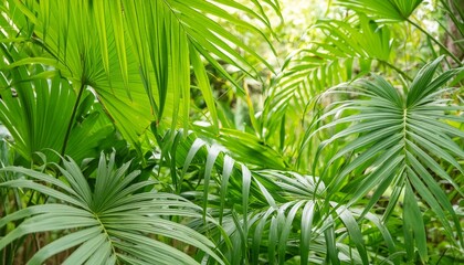 close up of lush green tropical vegetation jungle with palm leaves in sunshine beauty in nature banner concept for wallpaper