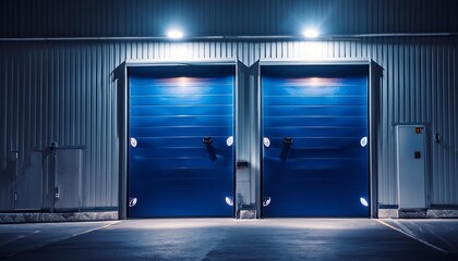 security is paramount at the warehouse entry with blue doors and protective lighting