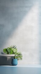 Blue minimalistic abstract empty stone wall mockup background for product presentation. Neutral industrial interior with light, plants, and shadow 
