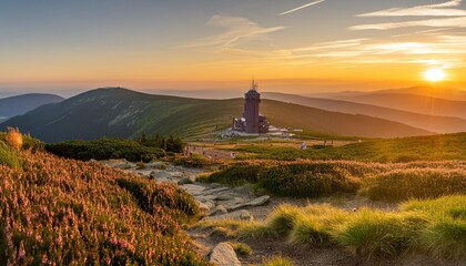 summer view with heathers in the karkonosze mountains during sunrise - Powered by Adobe