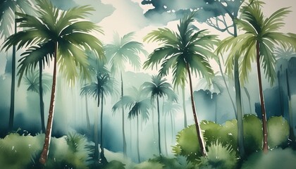 palm trees in a jungle forest decorative watercolor painting landscape generative ai