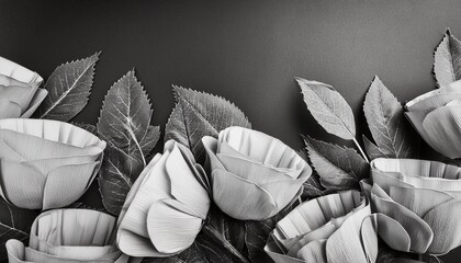 a black and white photo of a bunch of flowers with leaves on the bottom of the picture and the bottom of the picture on the bottom of the picture with a black background - Powered by Adobe