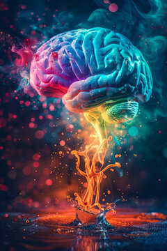 Colourful brain lifting off with energy suggesting a great idea or breakthrough