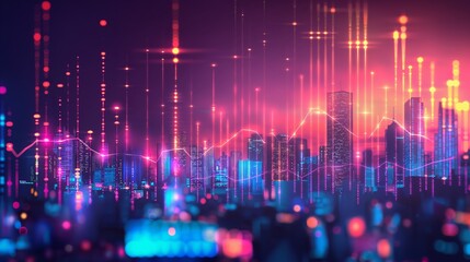 Abstract Digital Skyline With Glowing Pink and Blue Lines Overlapping